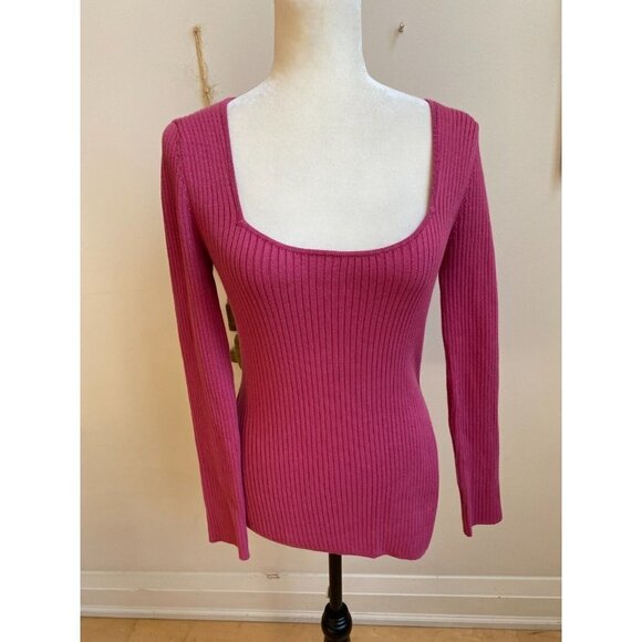 OPEN Edit BNWOT Women Ribbed Scoop Neck Sweater Sz Small Pink Malaga - Picture 2 of 8